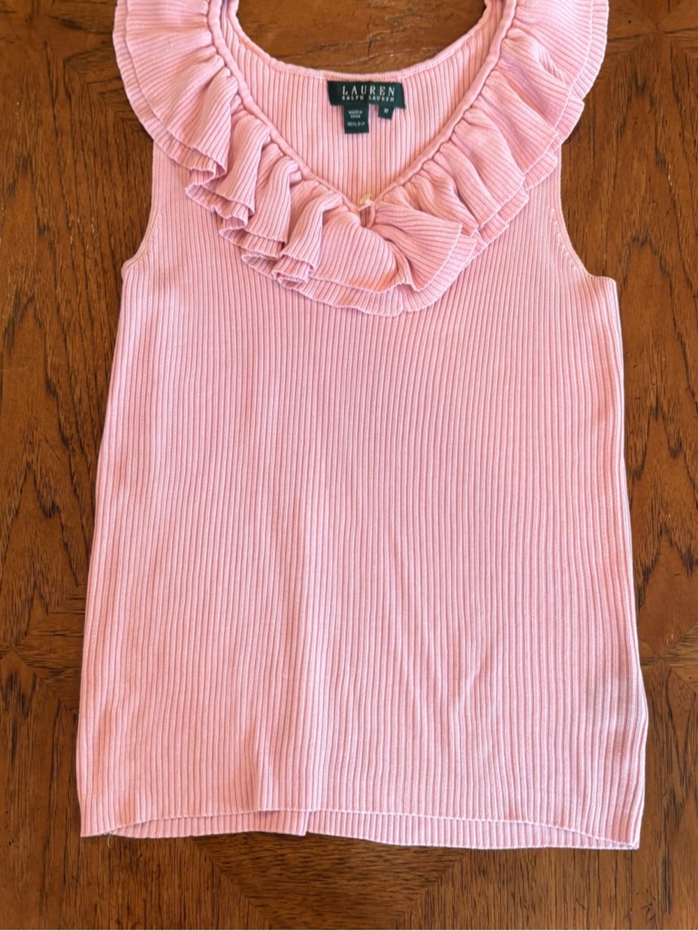 Ralph Lauren Pink Ribbed Sleeveless top with Ruffle Neck